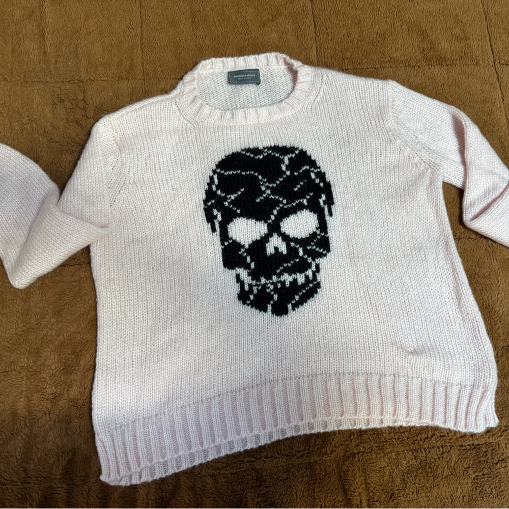 Wooden Ships Pink Knit Sweater with skull graphic